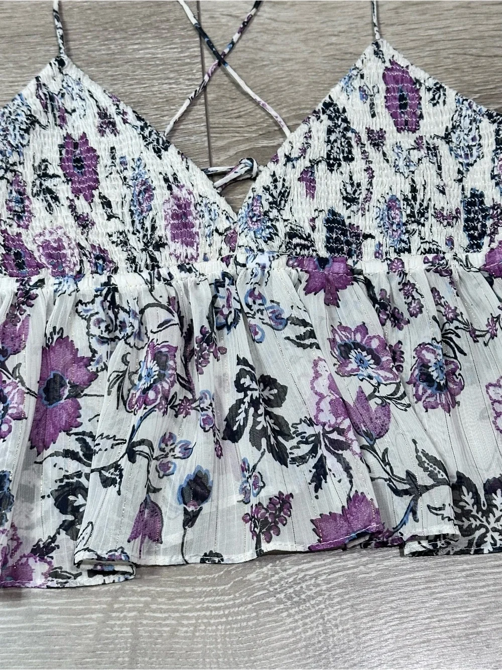 Zara Floral Metallic Smocked Peplum Crop Tank Top